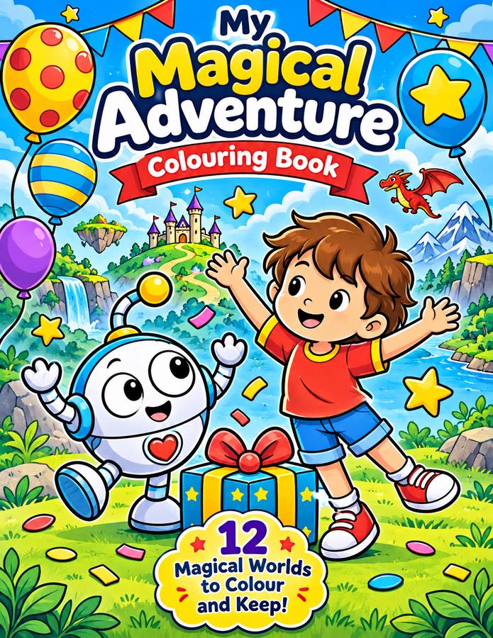 My Magical Adventure colouring book cover, featuring a friendly robot, a child and colourful fantasy worlds